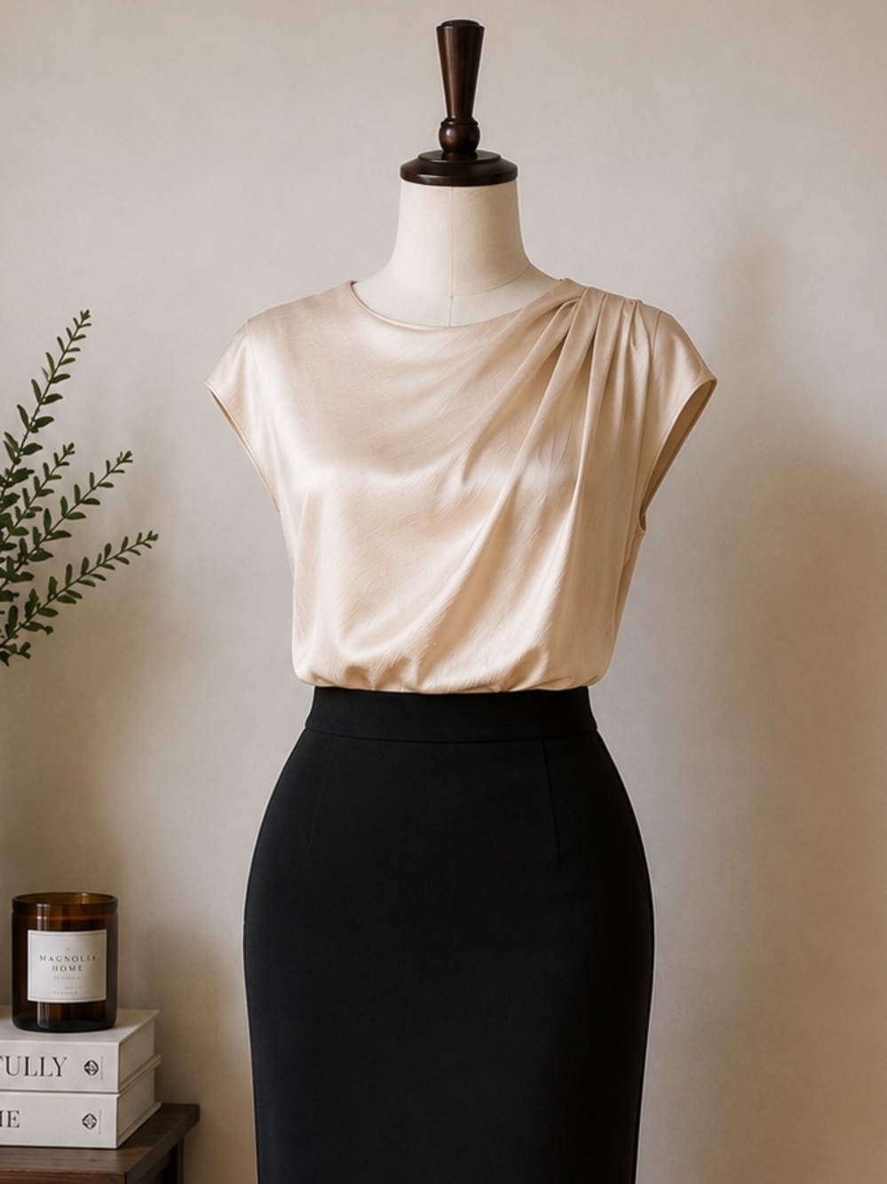 Jason Wu Champagne Satin Draped Blouse Quiet Luxury Minimalist Chic Size M